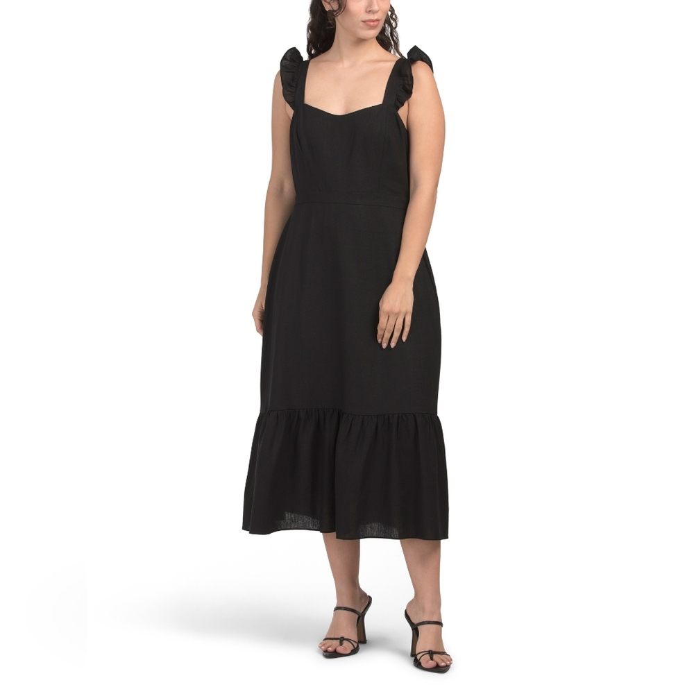 NWT - London Times Linen Blend Sweetheart Neck Ruffle Straps Midi Dress- Size 16